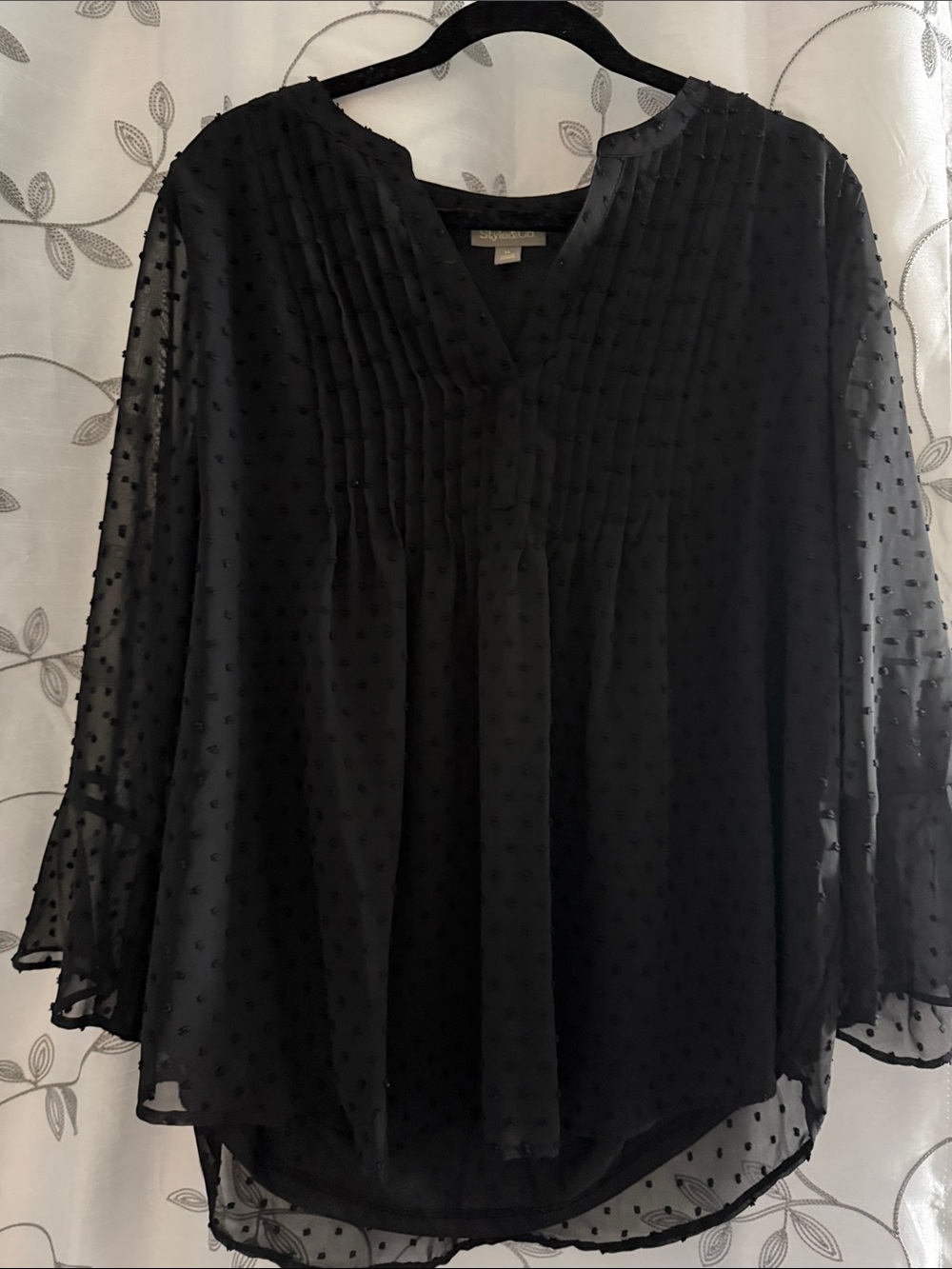 Style & Co. Black Swiss Dot Pintuck V-Neck Blouse